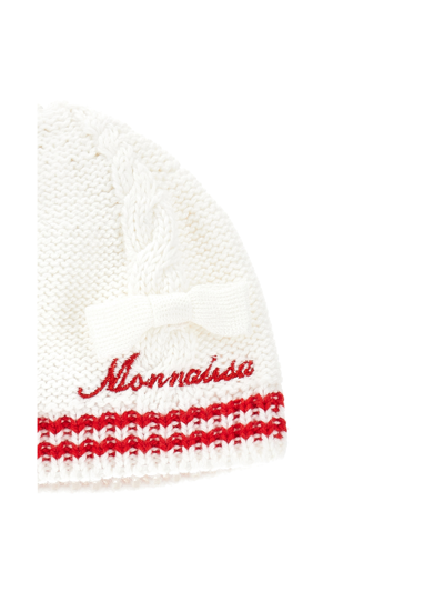 Shop Monnalisa Two-tone Cotton Yarn Hat In Cream + Ruby Red
