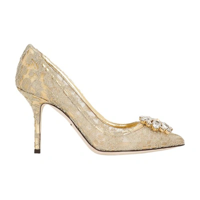 Shop Dolce & Gabbana Lurex Lace Rainbow Pumps With Brooch Detailing In Gold