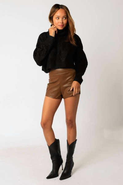 Shop Olivaceous Cable Knit Cropped Turtleneck Sweater In Black