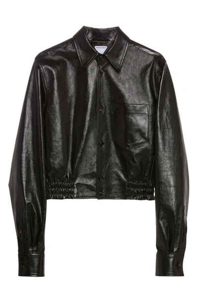 Shop Bottega Veneta Elastic Waist Lambskin Leather Shirt In Black