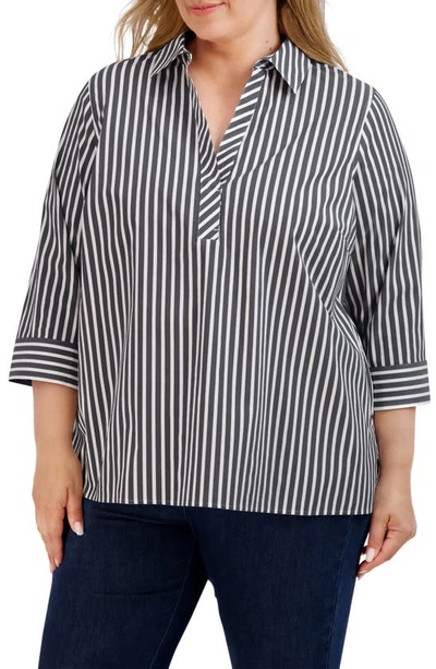 Shop Foxcroft Sophia Stripe Three-quarter Sleeve Stretch Button-up Shirt In Black