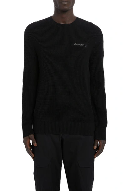 Shop Moncler Reflective Logo Patch Waffle Knit Sweater In Black