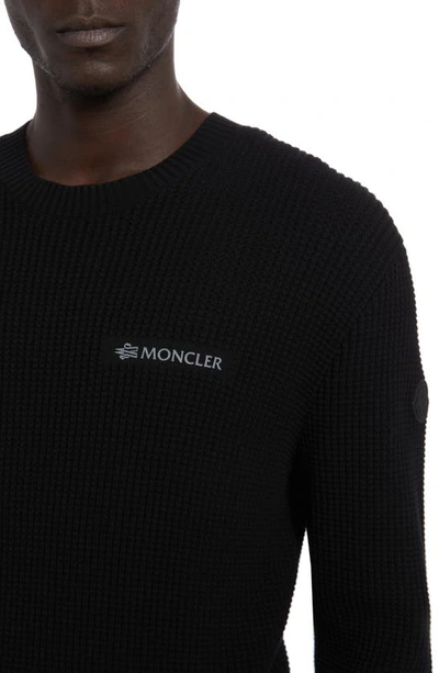 Shop Moncler Reflective Logo Patch Waffle Knit Sweater In Black