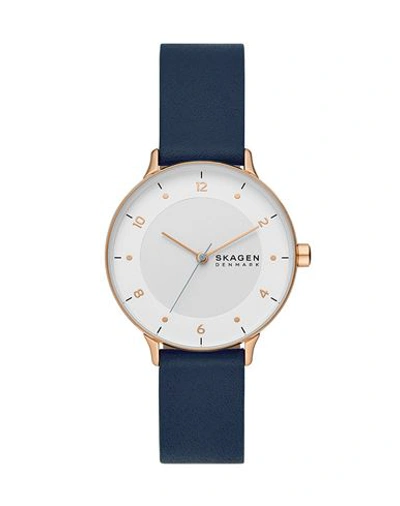 Shop Skagen Riis Woman Wrist Watch Navy Blue Size - Stainless Steel, Soft Leather