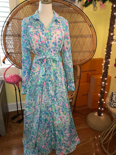 Pre-owned Lilly Pulitzer Kalina Midi Shirtdress Cabana Cocktail ? Size 8 In Multicolor