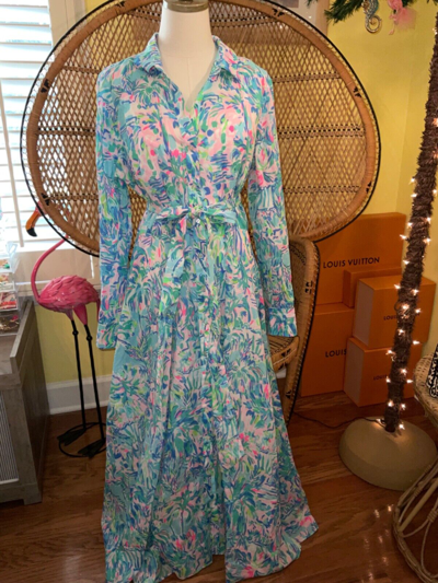 Pre-owned Lilly Pulitzer Kalina Midi Shirtdress Cabana Cocktail ? Size 8 In Multicolor