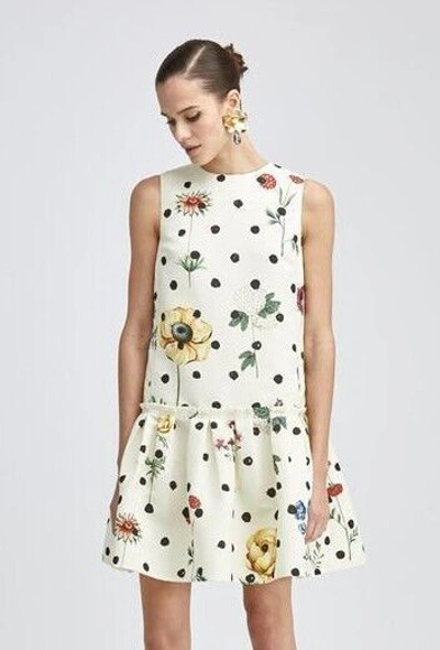 Pre-owned Oscar De La Renta $4190  Silk Faille Sac Dress Flounce Black Polka Dot Ecru 8 In White