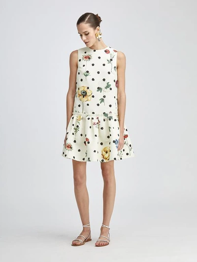 Pre-owned Oscar De La Renta $4190  Silk Faille Sac Dress Flounce Black Polka Dot Ecru 8 In White