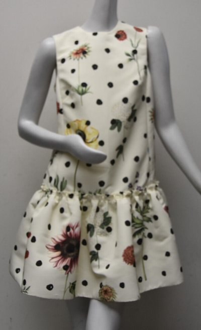 OSCAR DE LA RENTA Pre-owned $4190  Silk Faille Sac Dress Flounce Black Polka Dot Ecru 8 In White