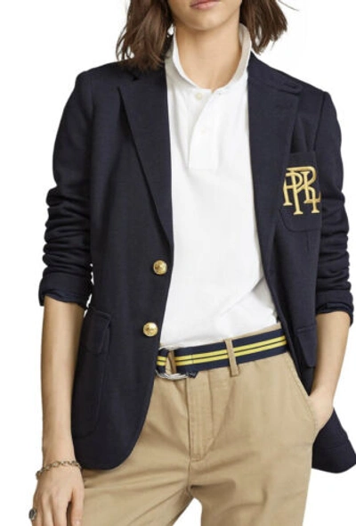 Pre-owned Polo Ralph Lauren $398  8 Navy Blue Knit Blazer Jacket Prl Crest Rrl Preppy Gold