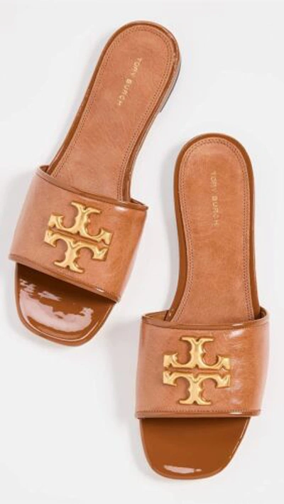 Pre-owned Tory Burch Women's Leather Sole Eleanor Slides Bourbon Tan Gold Logo Flats Shoes In Brown
