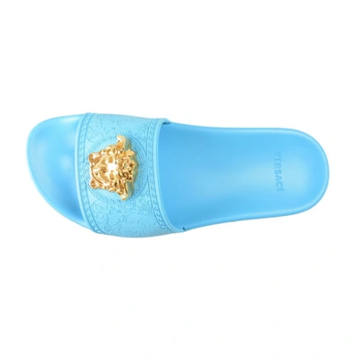 Pre-owned Versace Women's Gold Medusa Head Sky Blue Pool Slide Flip Flops Shoes