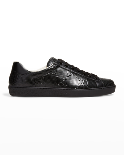 Shop Gucci Men's New Ace Gg-embossed Leather Low-top Sneakers In Black