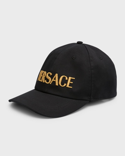 Shop Versace Men's Embroidered Logo Baseball Cap In Black Gold