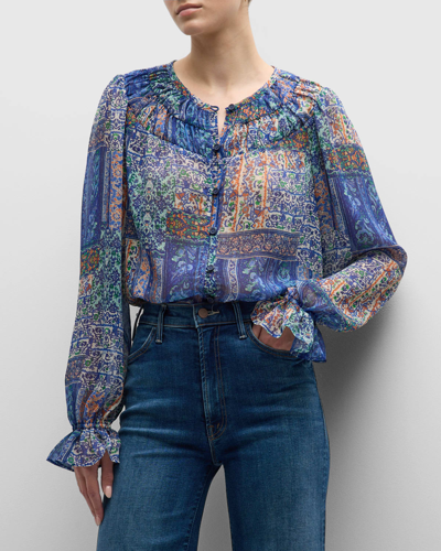 Shop Ramy Brook Ariel Long-sleeve Button-front Blouse In Cabana Blue Multi