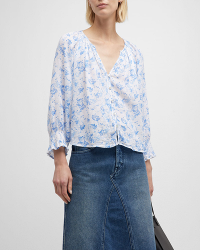 Shop Rails Mariah Button-front Linen-blend Blouse In Blue Blossoms