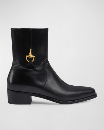 Shop Gucci Men's Ega Horsebit Leather Ankle Boots In Black