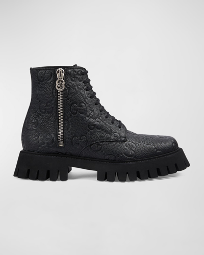 Shop Gucci Men's Novo Gg Leather Lug Sole Lace-up Boots In Black