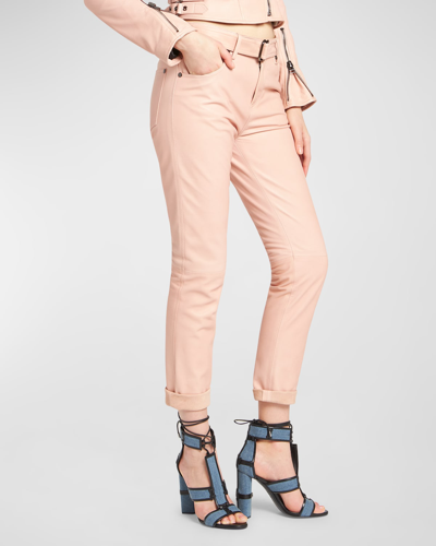 Shop Tom Ford Belted Leather Straight-leg Ankle Boyfriend Pants In Nude
