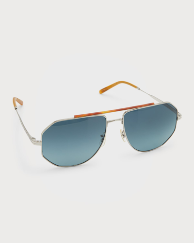 Shop Brunello Cucinelli Men's Titanium Aviator Sunglasses In Dark Blue
