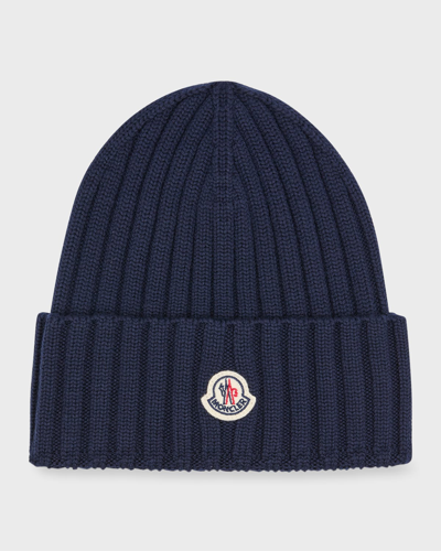 Shop Moncler Ribbed Wool Beanie With Logo Patch In Navy