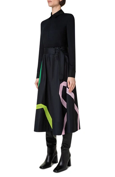 Shop Akris Punto Mesh Inset Long Sleeve Mixed Media Cotton Poplin Dress In 009 Black-multicolor