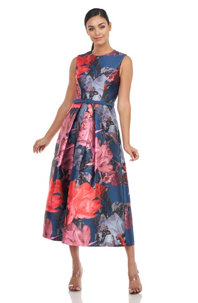 Shop Kay Unger Karla Belted Floral Print Fit & Flare Dress In Ink/ Light Plum