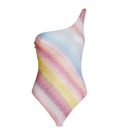 Shop Missoni One-shoulder Zigzag Swimsuit In Multi