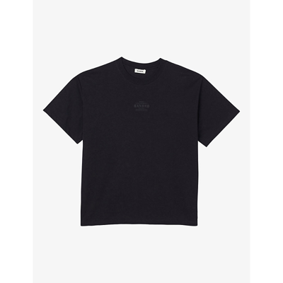 Shop Sandro Men's Noir / Gris Rubber-logo Relaxed-fit Cotton T-shirt