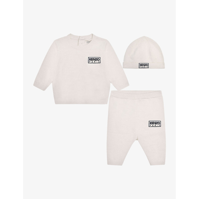 Shop Kenzo Ivory Logo-embroidered Knitted Cotton-blend Three-piece Set 1-9 Months