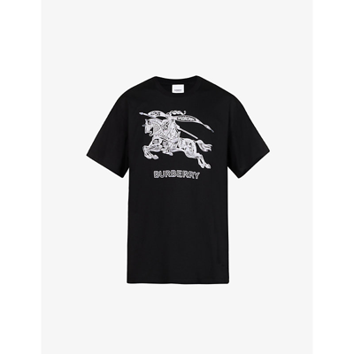 Shop Burberry Men's Black Dezi Logo-embroidered Cotton-jersey T-shirt