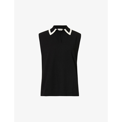 Shop Saint Laurent Sleeveless Cotton-blend Piqué Polo Shirt In Noir Naturel