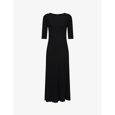 Shop Joseph Women's Black Round-neck Flared-hem Wool Midi Dress