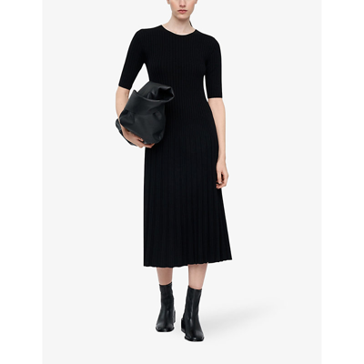 Shop Joseph Women's Black Round-neck Flared-hem Wool Midi Dress