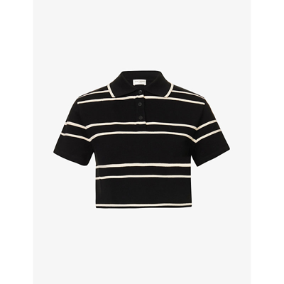 Shop Saint Laurent Women's Noir Naturel Cropped Striped Cotton-piqué Polo Shirt