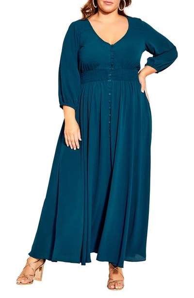 Shop City Chic Desire Shirred Waist Button Front Maxi Dress In Deep Teal
