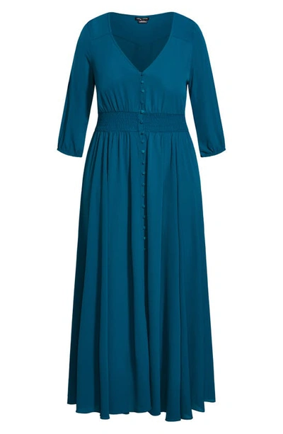 Shop City Chic Desire Shirred Waist Button Front Maxi Dress In Deep Teal