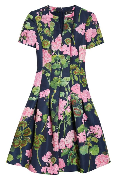 Shop Oscar De La Renta Geranium Fit & Flare Dress In Pink/ Navy