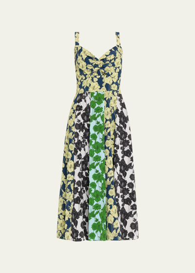 Shop Jason Wu Sleeveless Floral-print Cutout Midi Dress In Navy/yellow/green