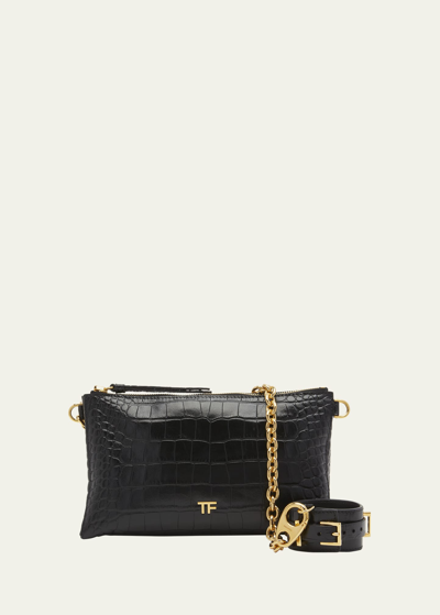 Shop Tom Ford Carine Croc-embossed Chain Shoulder Bag In 1n001 Black