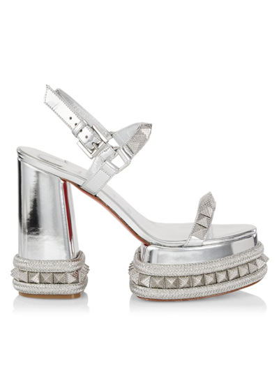 Shop Christian Louboutin Women's Superaclou 130mm Metallic Leather Platform Sandals In Silver