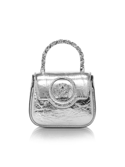 Shop Versace Women's Micro Medusa Metallic Leather Top-handle Bag In Silver