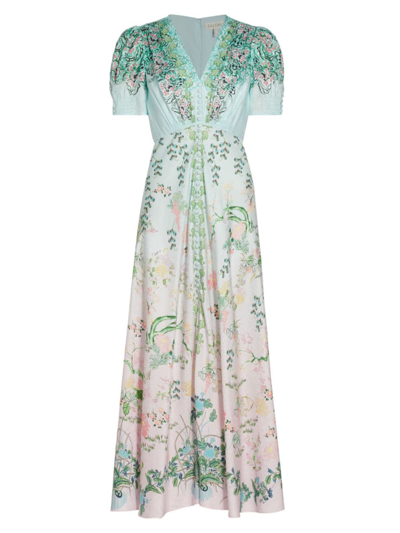 Shop Saloni Women's Dotty Floral Silk Maxi Dress In Willow Garden