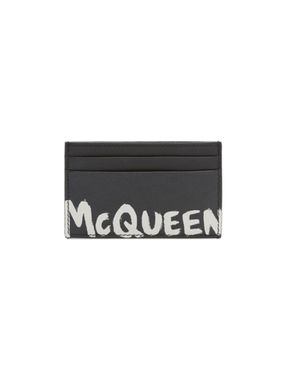 Shop Alexander Mcqueen Men's Graffiti Logo Leather Card Wallet In Black White