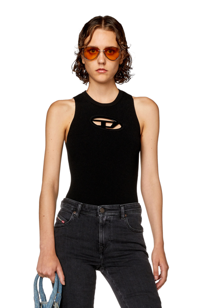 Shop Diesel Cut-out Knit Top With Logo Plaque In Nero