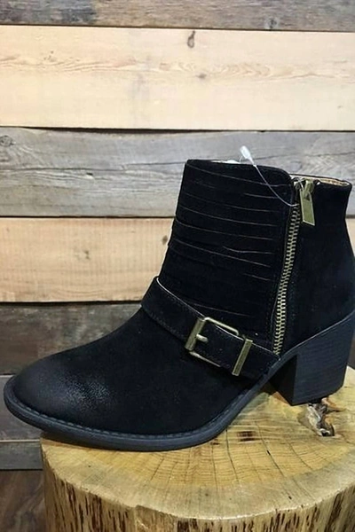 Qupid Faux Suede Bootie With Buckle In Black