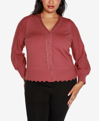 Shop Belldini Black Label Plus Size Rhinestone Embellished Cardigan Sweater In Marsala Rose