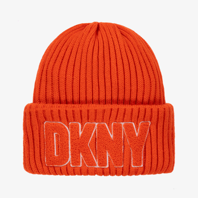 Shop Dkny Orange Embroidered Knitted Beanie