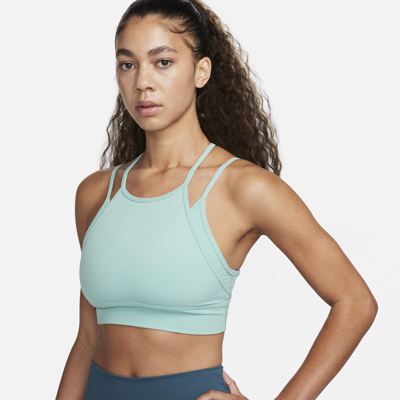 Shop Nike Women's Indy Strappy Light-support Padded Ribbed Longline Sports Bra In Green