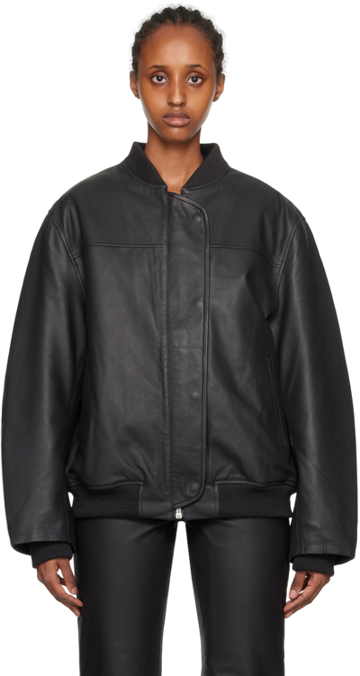 Shop Remain Birger Christensen Black Zip Leather Bomber Jacket In 19-4004 Black